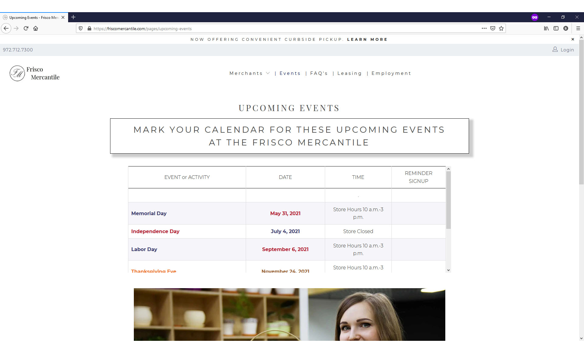 Frisco Mercantile new website event page