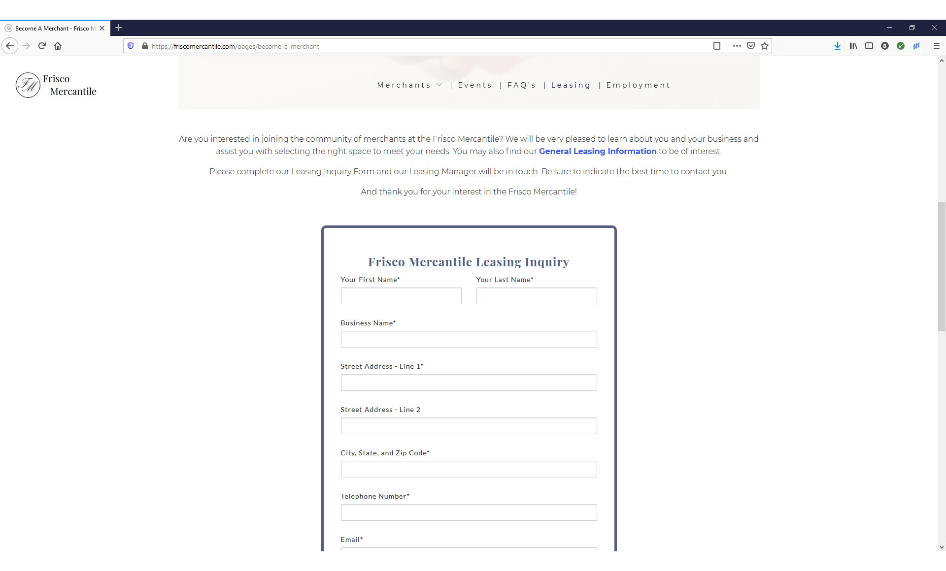 Frisco Mercantile prospective merchant inquiry form